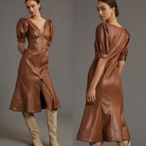 Anthropologie Vegan Leather Puff Sleeve Midi Dress Size 8